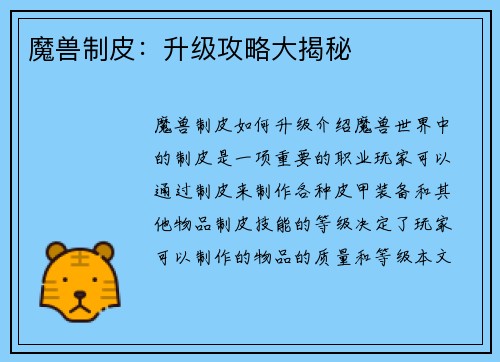 魔兽制皮：升级攻略大揭秘